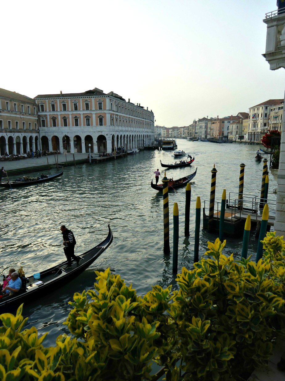 Gondolas Passing the Terrace Al Ponte Antico Hotel Grand Canal Venice