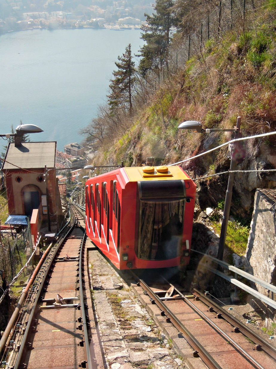 The approaching uphill funicolare carriage Brunate Como Italy